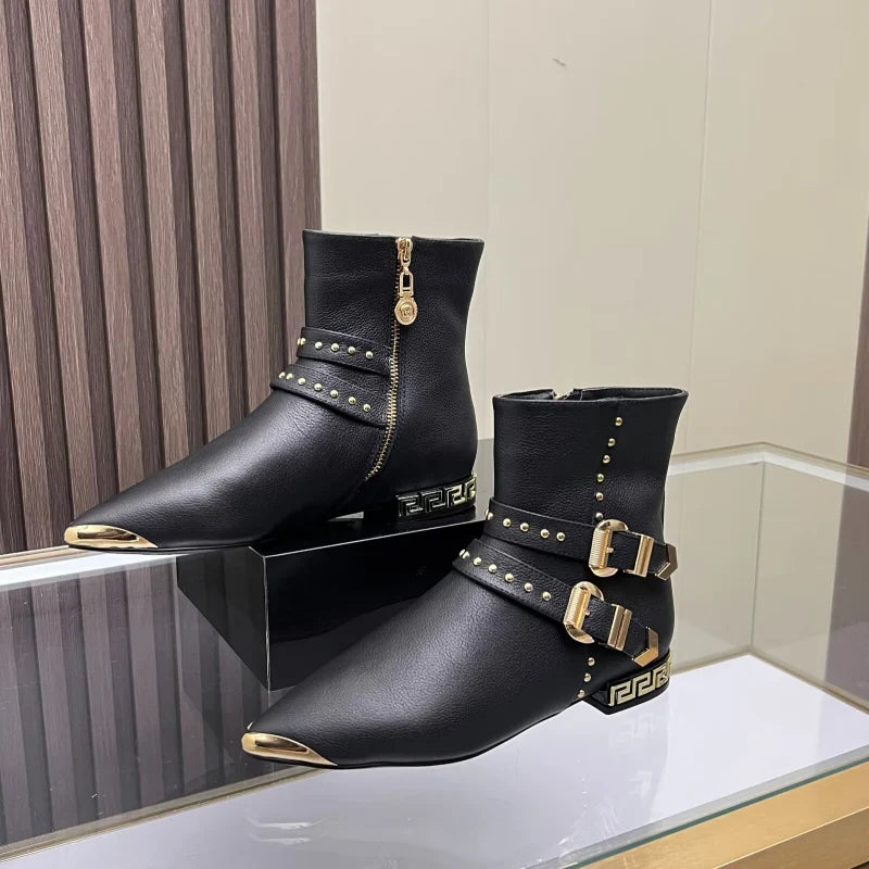 New Fashion Women's Rivet Buckle Pointed Toe Ankle Boots XC1326092027