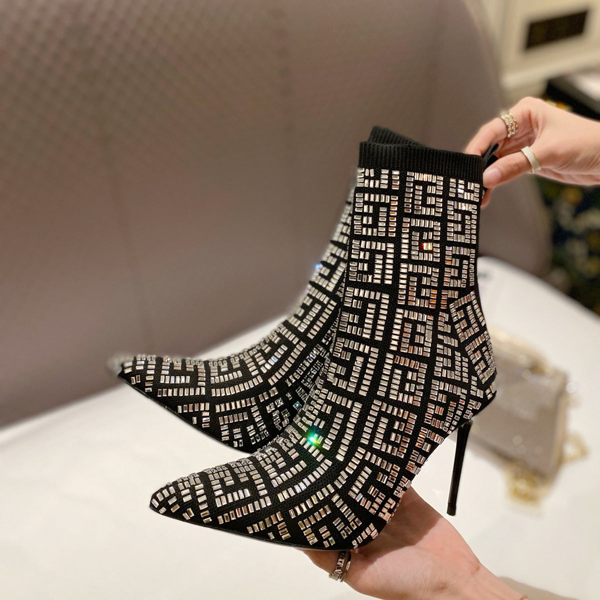 BRM Catwalk style pointed toe full diamond knitted ankle boots 0724090505
