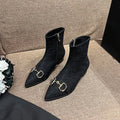 Letter Print Side Zip Canvas Short Block Heel Boots 0823112310