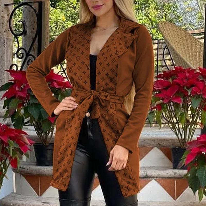 Women Temperament Lace-Up Printing Slim-Fit Lapel Woolen Coat 1023112819