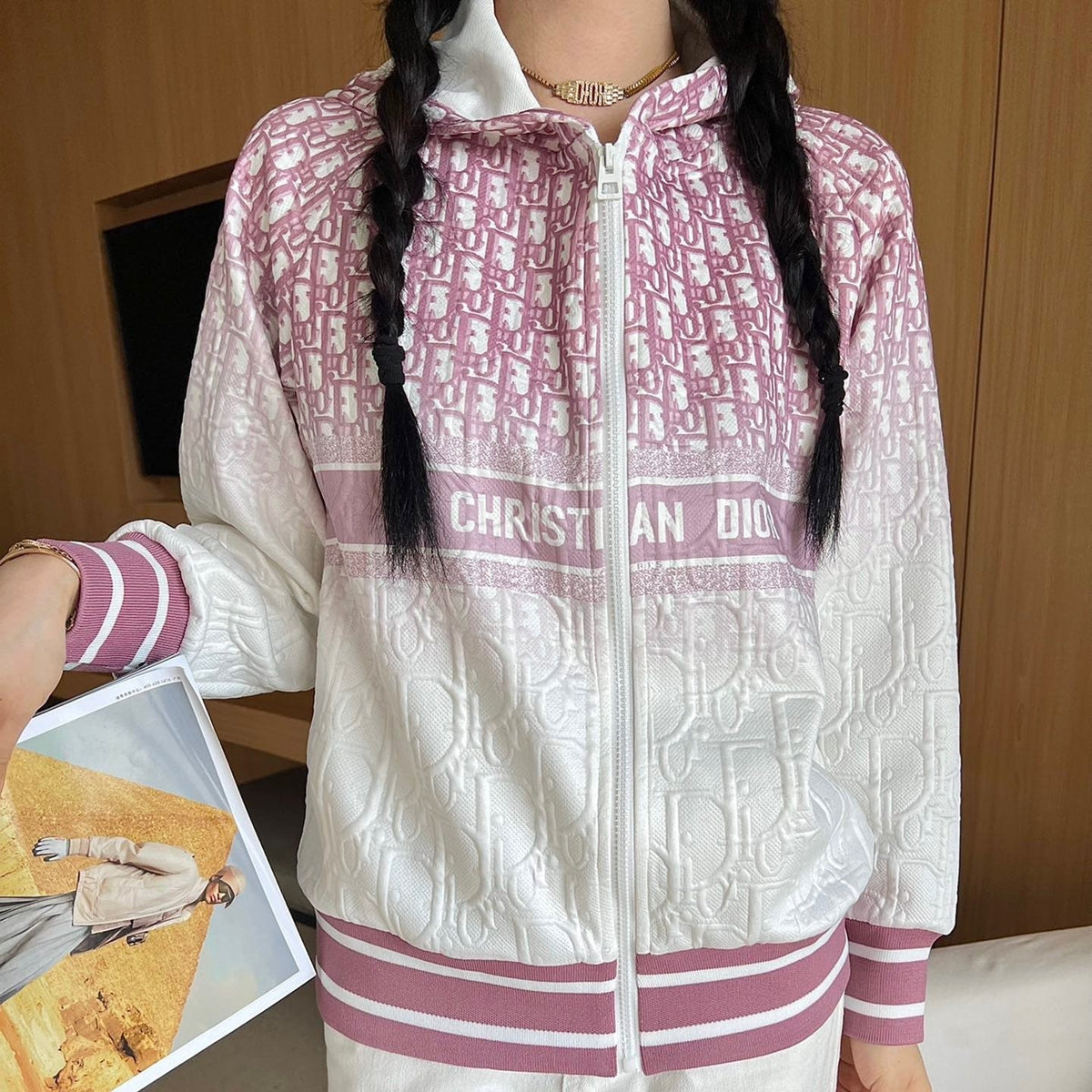 Jacquard letter smudged positioning print hooded jacket XC0823092719