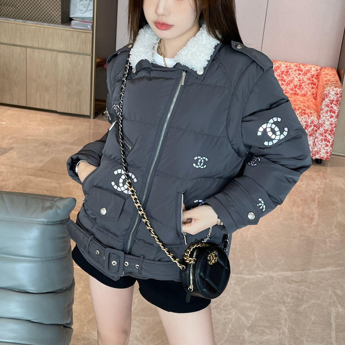 Fashionable fur collar down jacket with removable sleeves XC0723112212