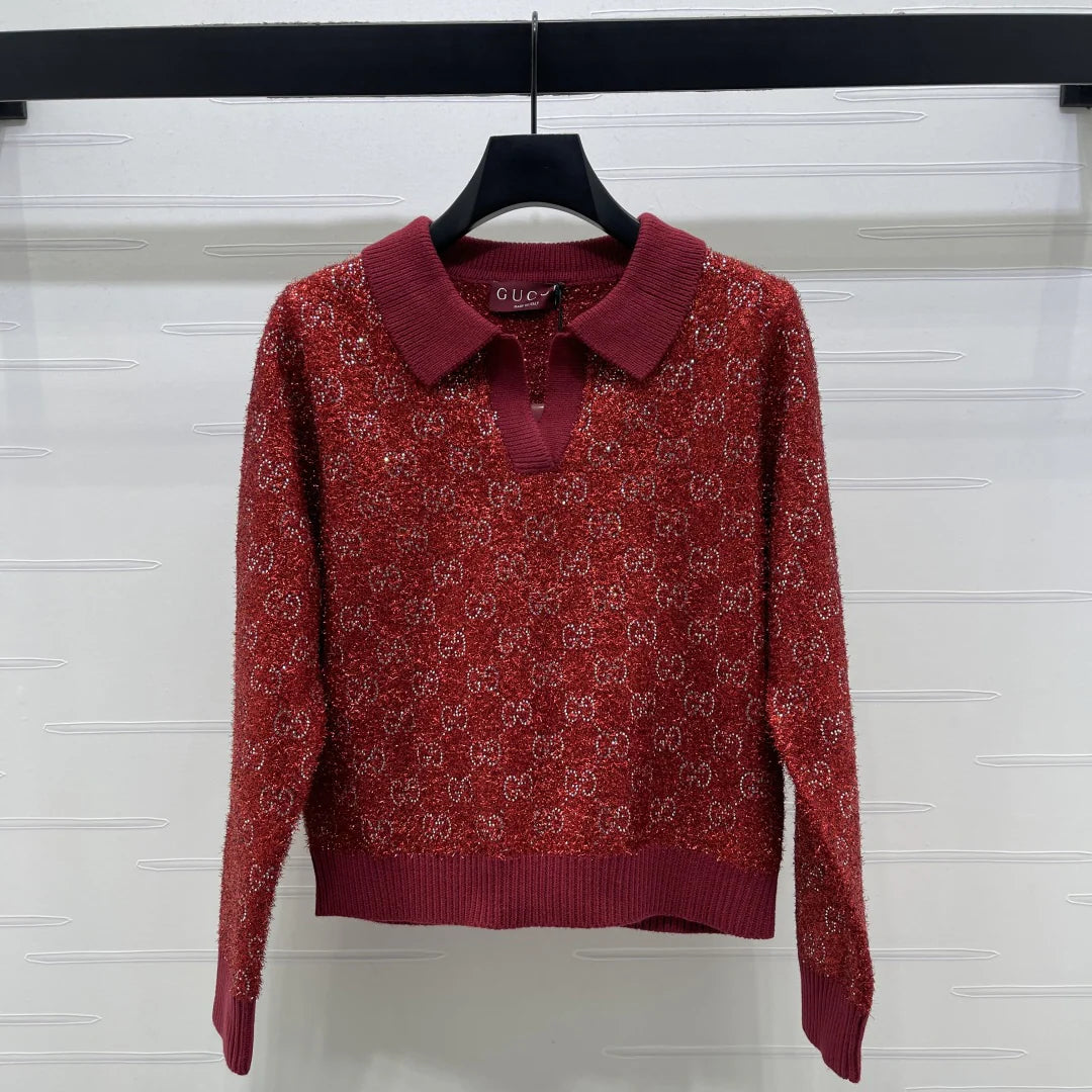 Heavy-duty collar rhinestone knit sweater 1426010407