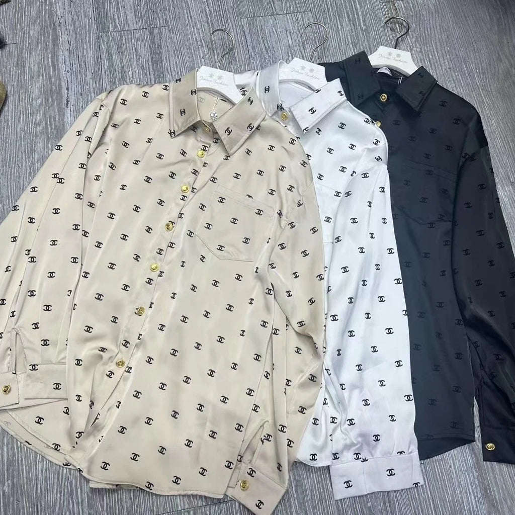 New Long Sleeve Flocking Satin Casual Print Shirt 1024042715