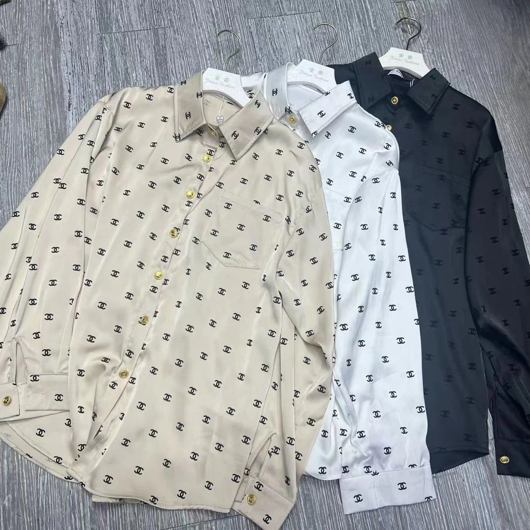 New Long Sleeve Flocking Satin Casual Print Shirt 1024042715