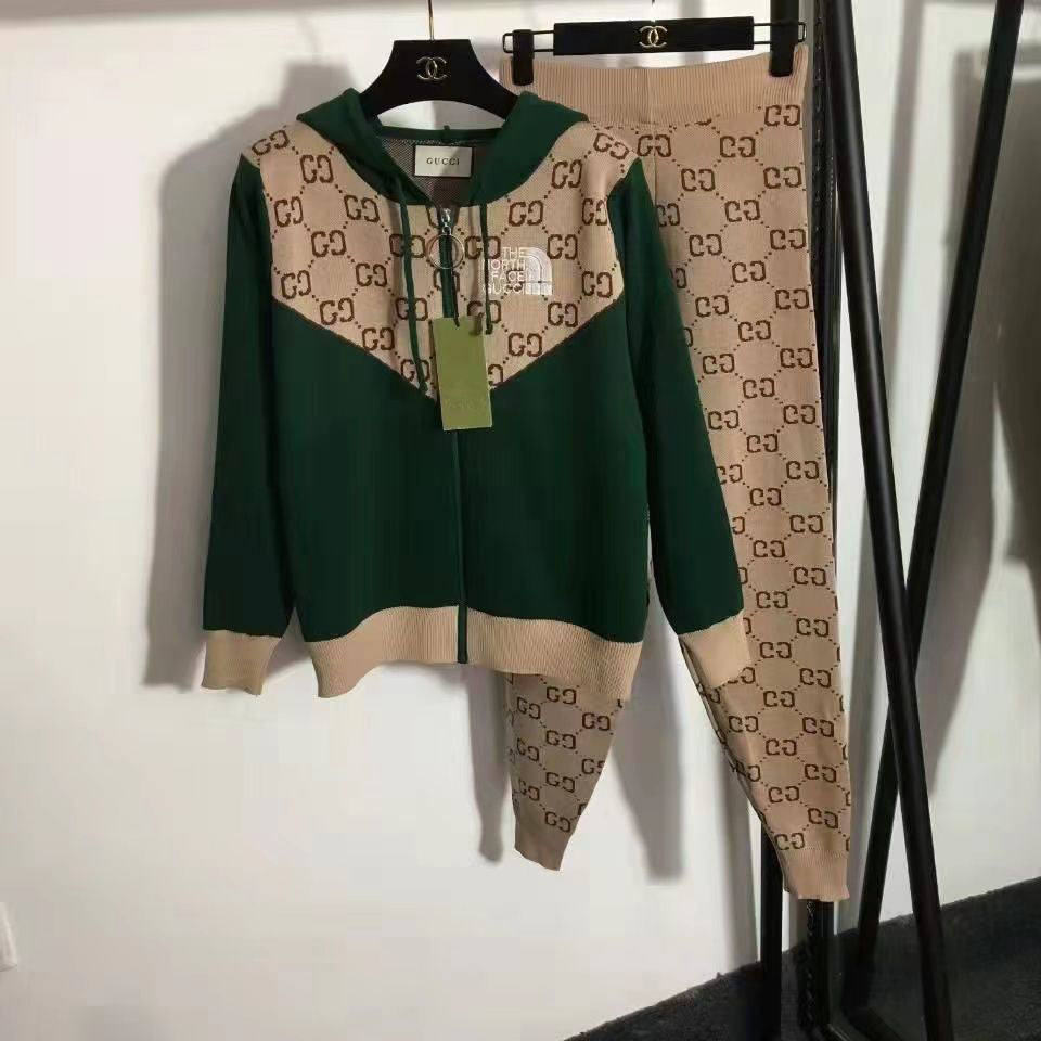New fashion knitted casual cardigan hooded letter top + knitted pencil pants two-piece suit   S09