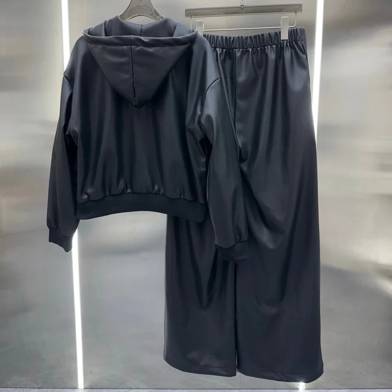 New Fashion Women's Leather Hooded 2 Piece Set DM1326092017