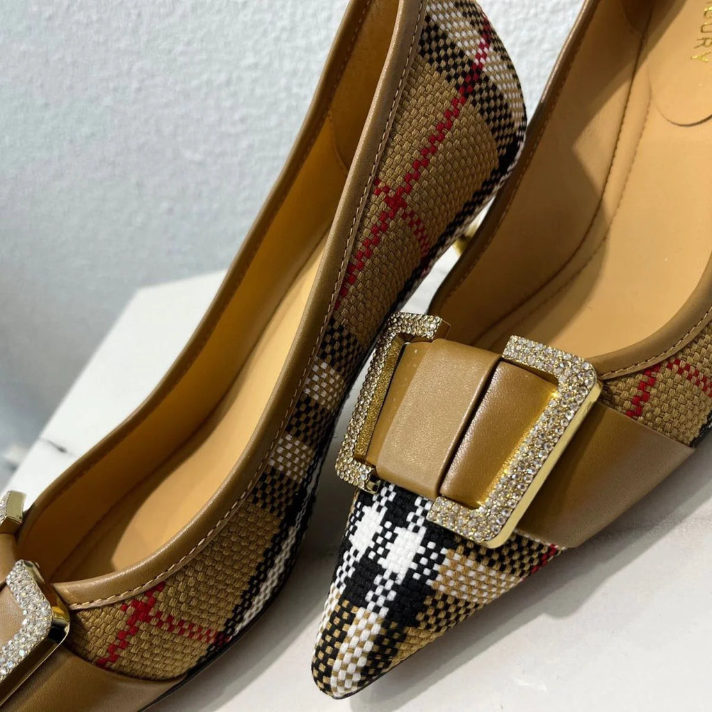 Thin Heel Checkered Buckle Fashion High Heel Shoes Single Shoes 1024022604
