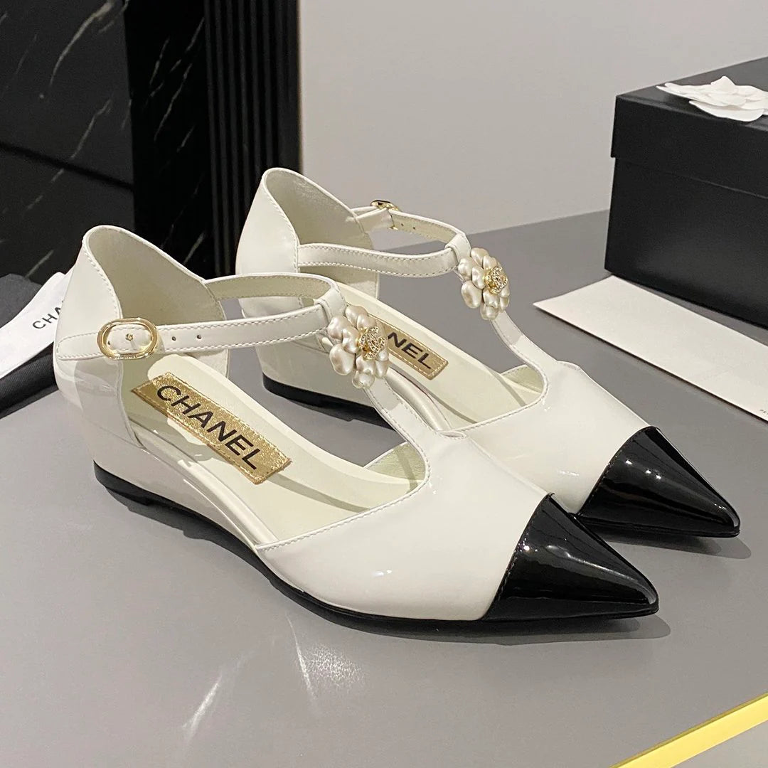 New fashionable patent leather pointed toe camellia wedge shoes 1024022204