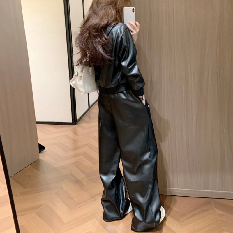 New Fashion Women's Leather Hooded 2 Piece Set DM1326092017