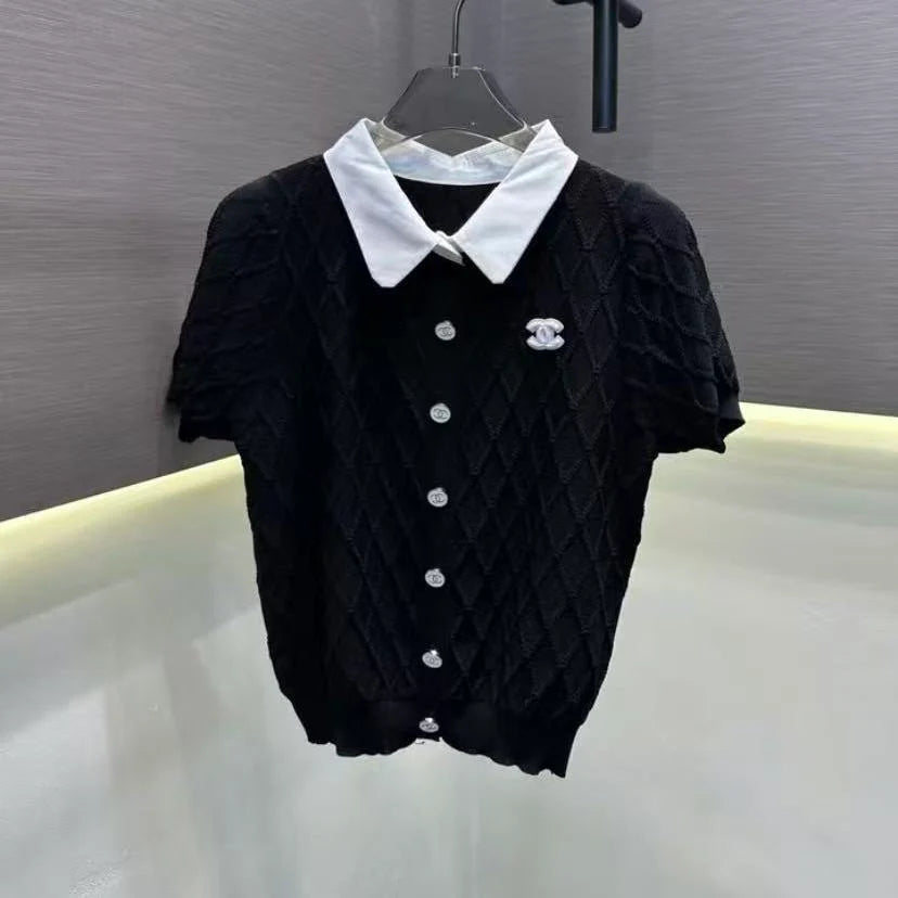 New Polo-Collar Knit Cable-Knit Short-Sleeve Shirt 1026052003