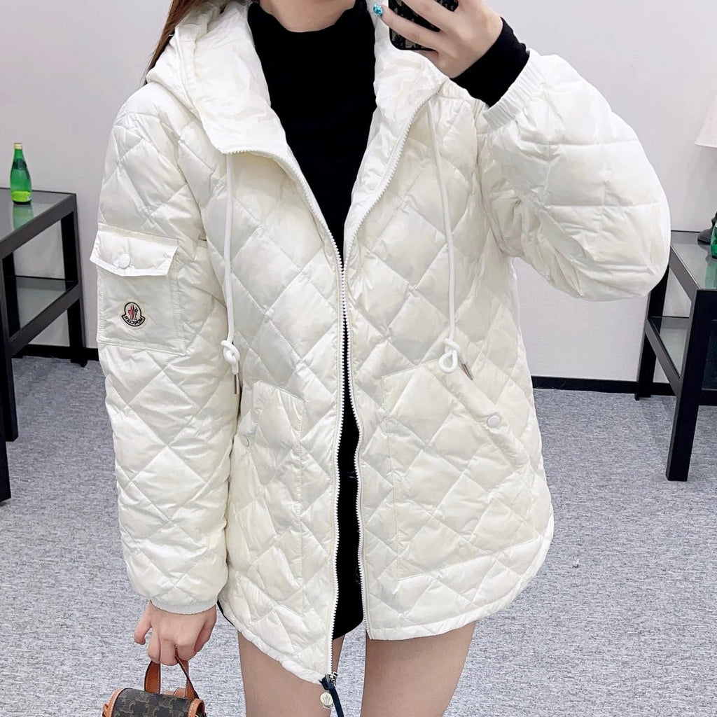Diamond pattern hooded drawstring down jacket 1426011309