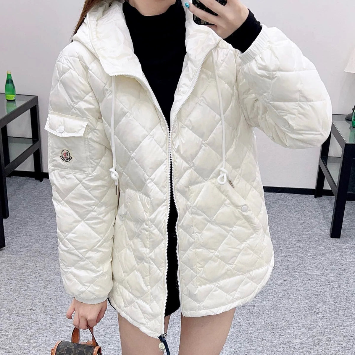 Diamond pattern hooded drawstring down jacket 1426011309