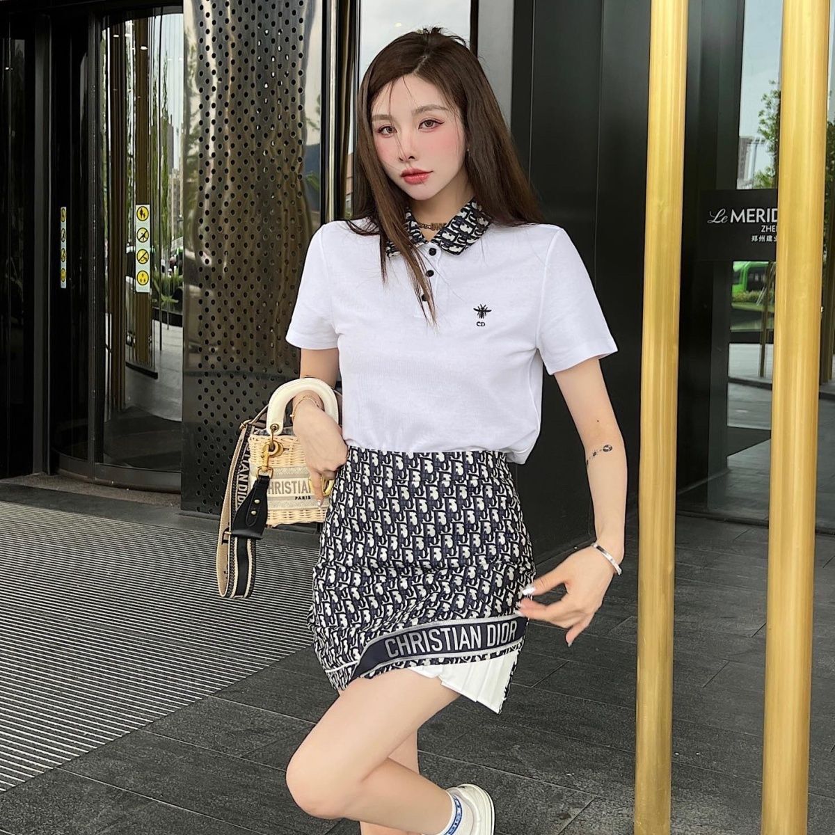 Polo shirt with presbyopic letter pleated skirt slimming suit XC0823071802
