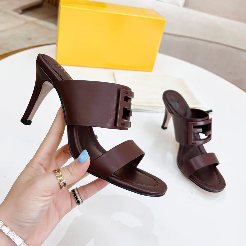 New Leather Metal Buckle High Heel Slippers 1025040209