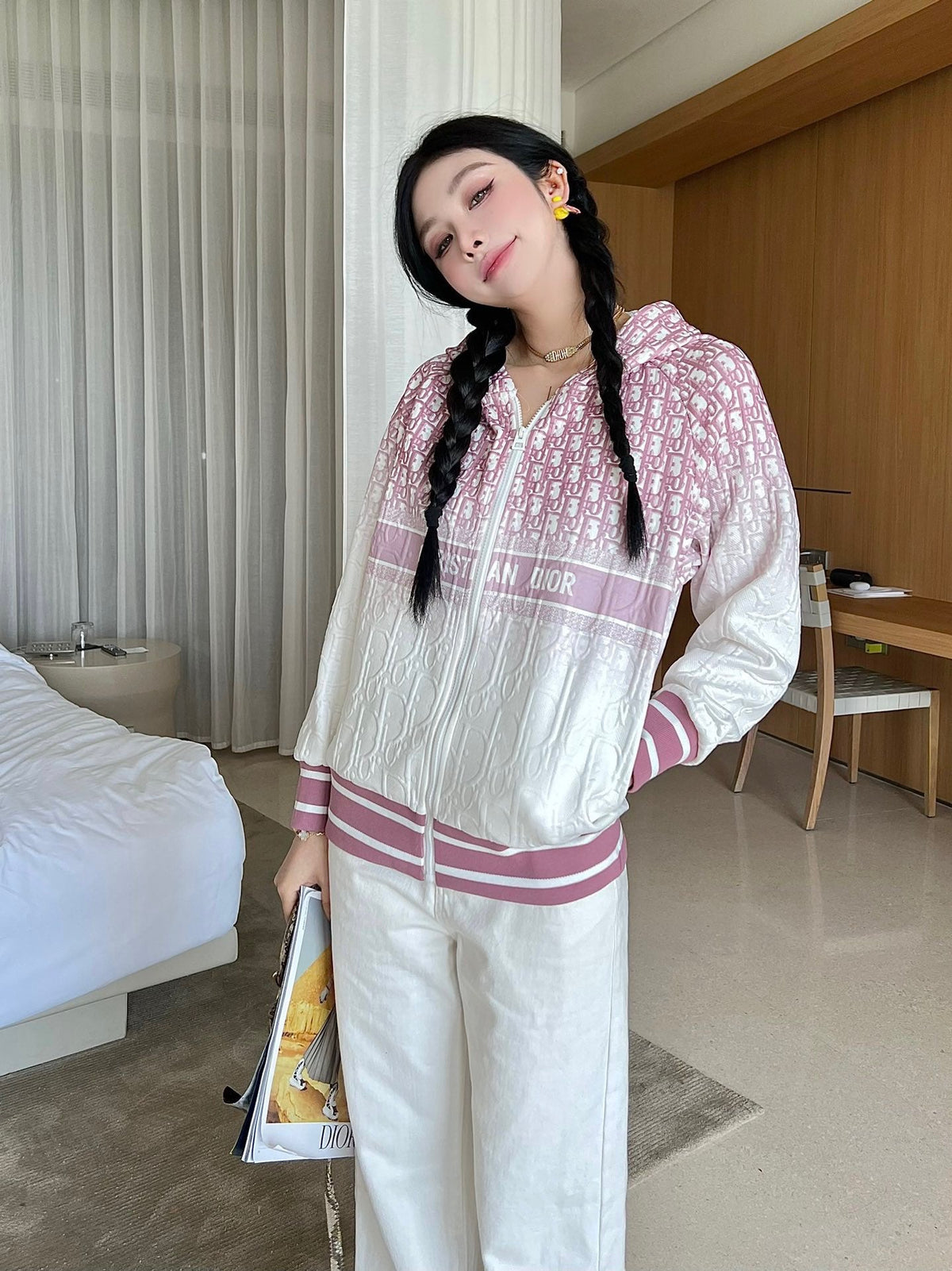 Jacquard letter smudged positioning print hooded jacket XC0823092719