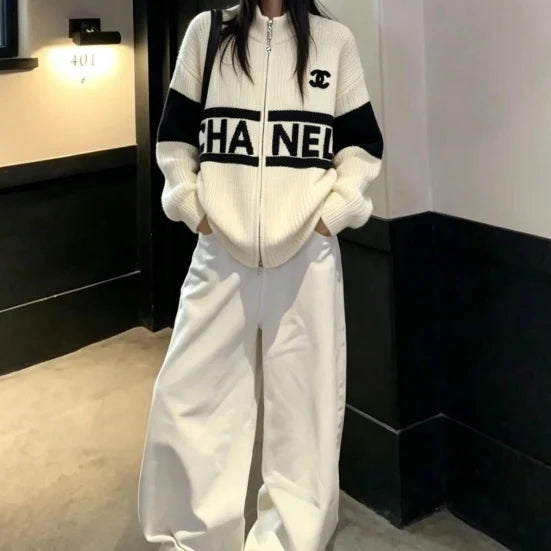 New Fashion Women Color Block Letter Zip Knit Cardigan XC1326091120