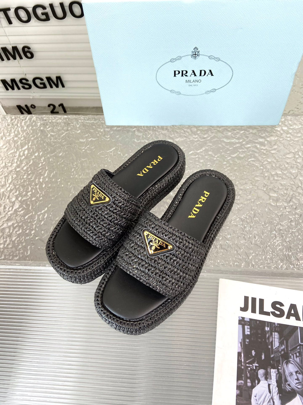 Spring and summer new style woven thick-soled triangle buckle strap slippers 0724032001