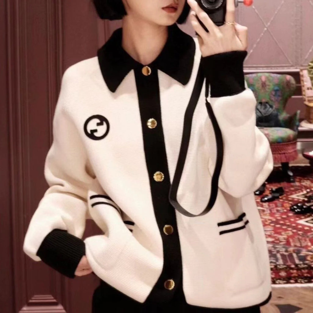 New Color Contrast Long Sleeve Casual Lar Knitted Cardigan Jacket 1024031512