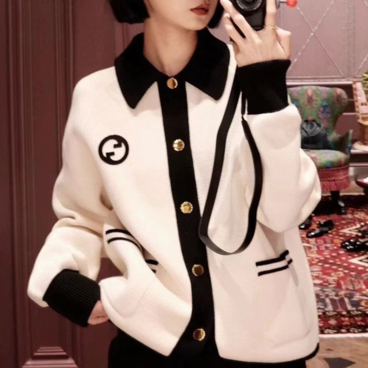 New Color Contrast Long Sleeve Casual Lar Knitted Cardigan Jacket 1024031512