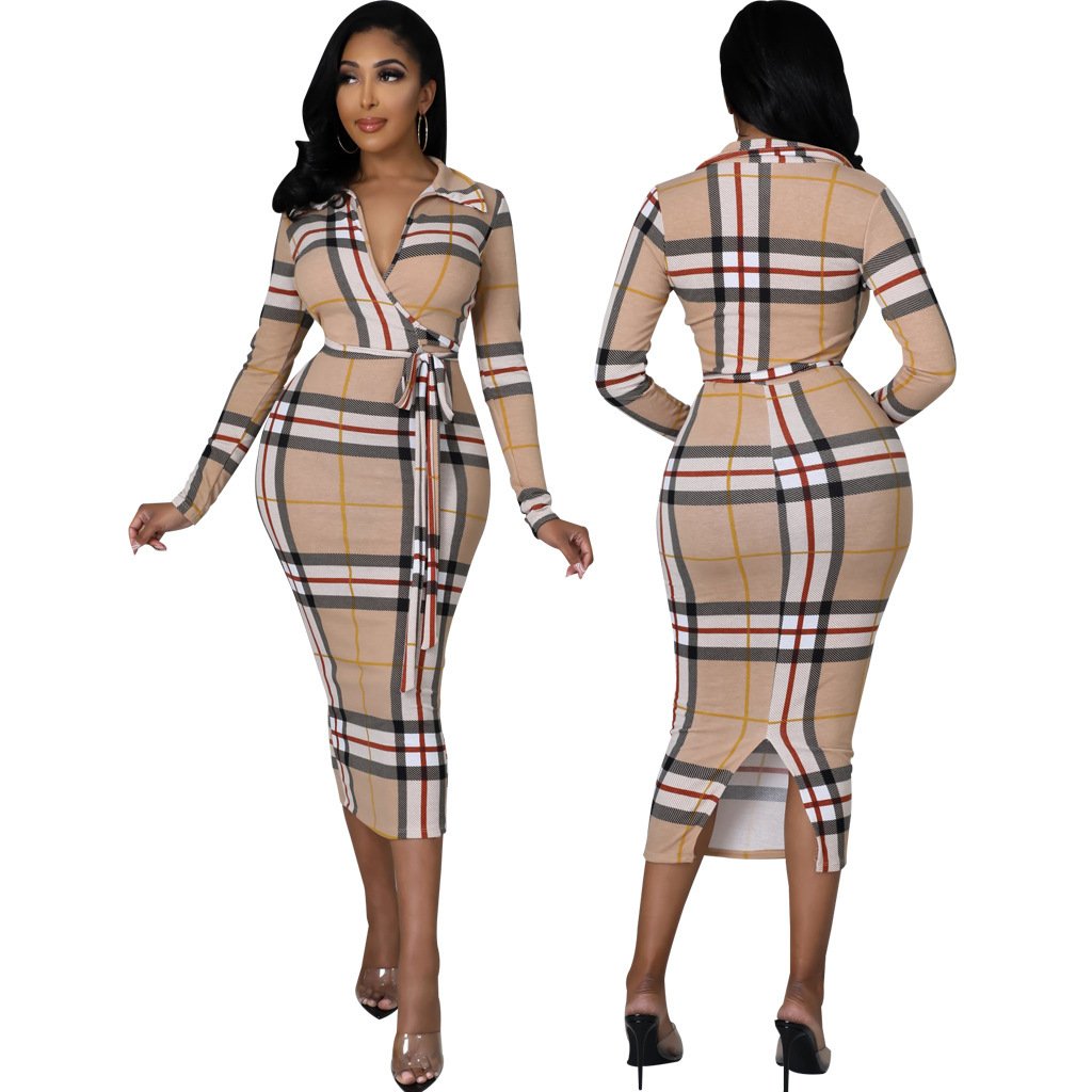 Fashion Long Sleeved Striped V-neck Wrapped Hip Dress 1023121505
