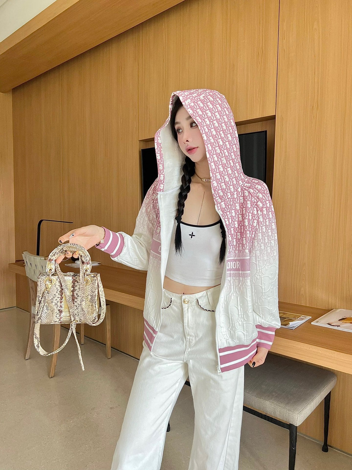Jacquard letter smudged positioning print hooded jacket XC0823092719