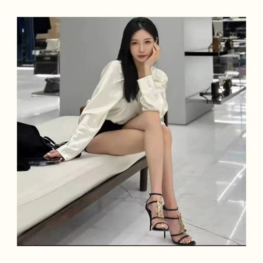 Summer New Genuine Leather Stiletto With Socialite Letter Buckle High-heeled ShoesPD05202412406