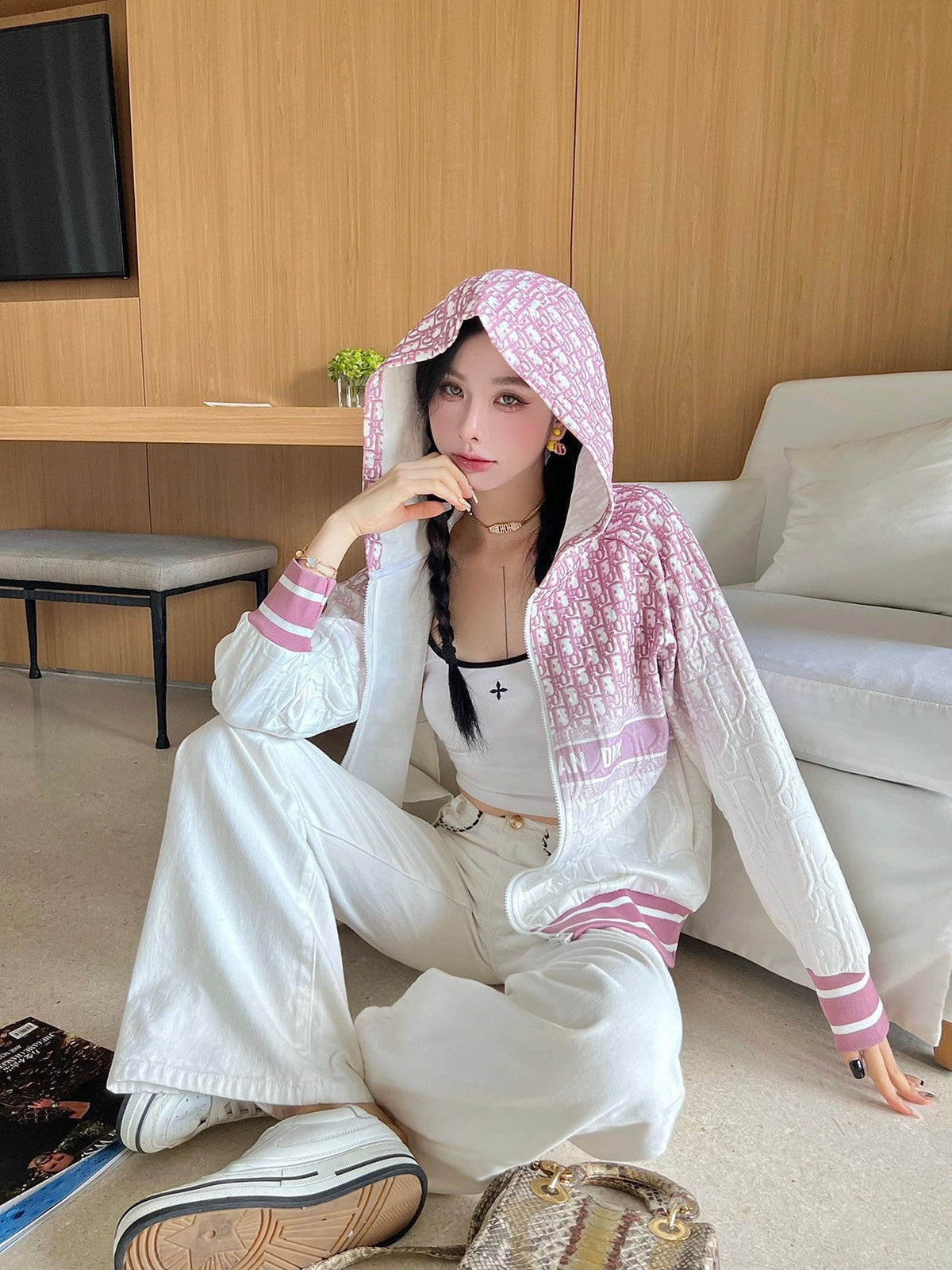 Jacquard letter smudged positioning print hooded jacket XC0823092719
