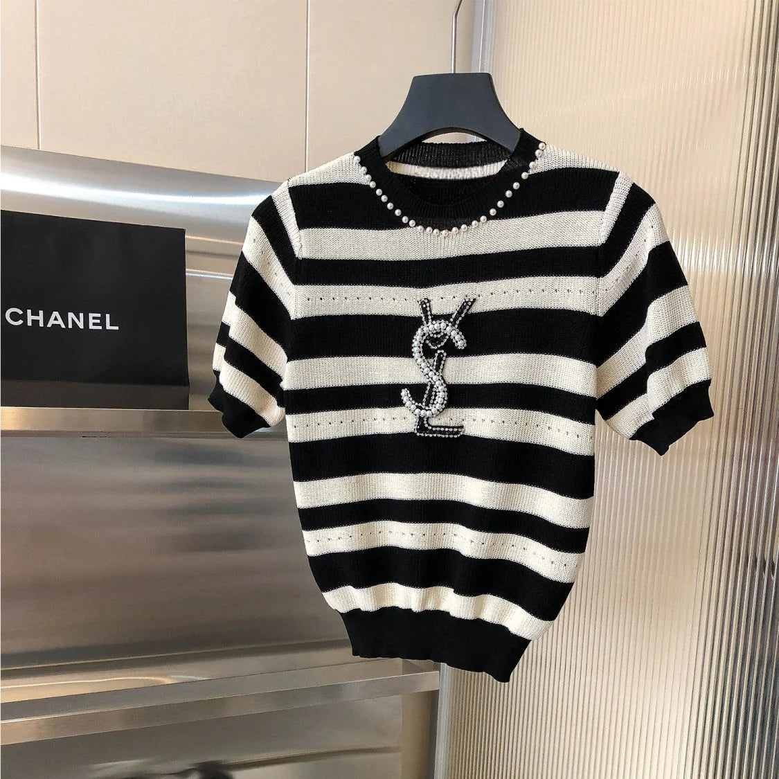 Heavy Beaded Black And White Striped Sweater 1024070322