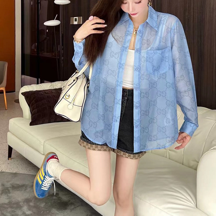 G Letter Print Lightweight Breathable Lapel Long Sleeve Shirt XC07061401