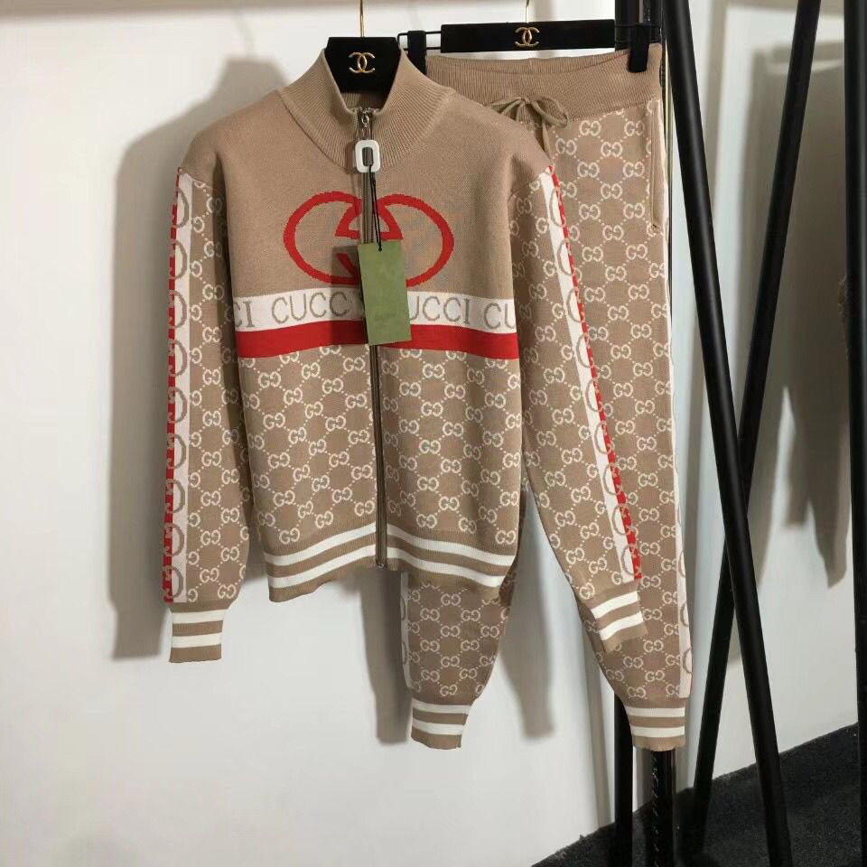 New fashion knitted casual cardigan hooded letter top + knitted pencil pants two-piece suit   S07