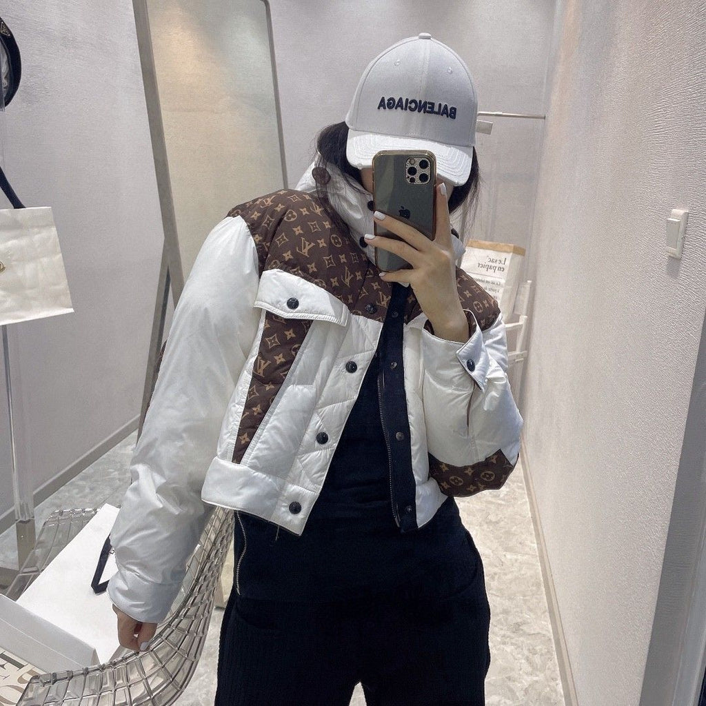 Hooded Stitching Presbyopia Short Down Jacket Casual Warm Plus VeLet Versatile Down Jacket Female Autumn and Winter New