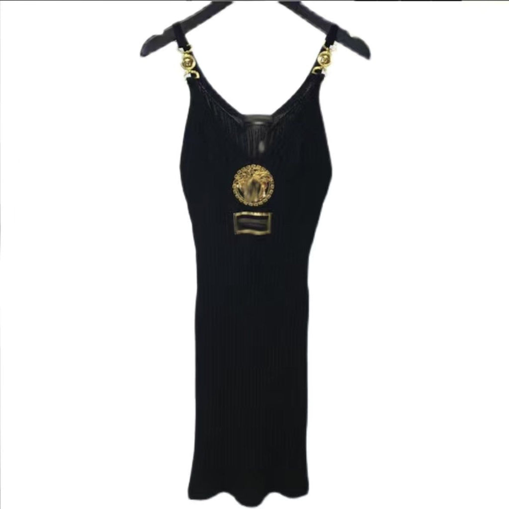 Sexy V-neck metal buckle suspender knit buttocks dress PD10041101