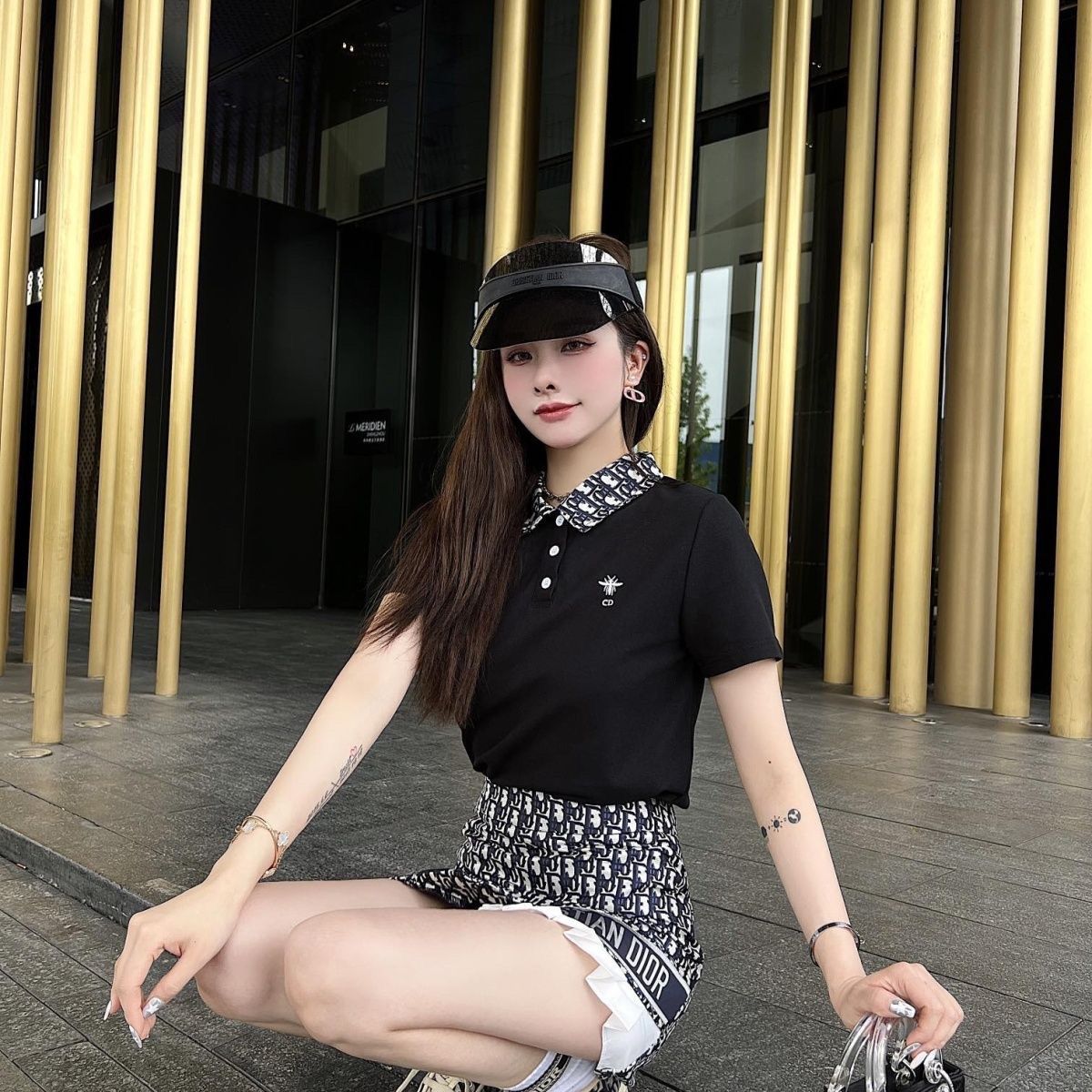 Polo shirt with presbyopic letter pleated skirt slimming suit XC0823071802