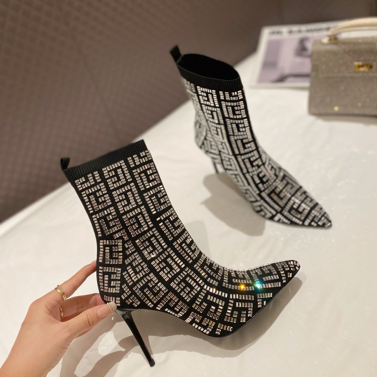 BRM Catwalk style pointed toe full diamond knitted ankle boots 0724090505