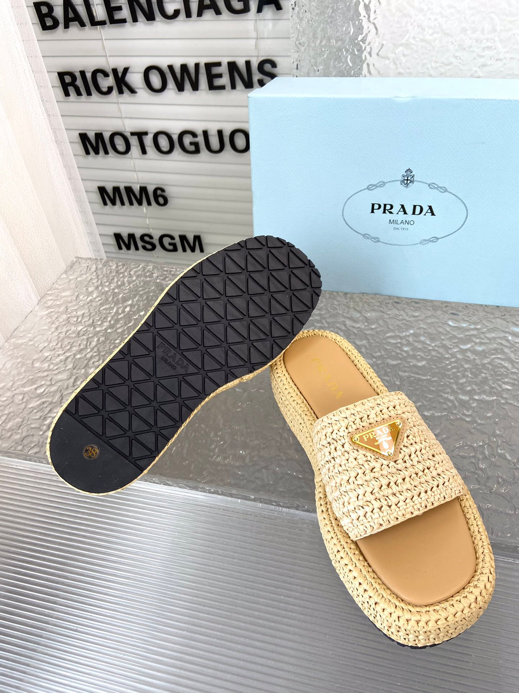 Spring and summer new style woven thick-soled triangle buckle strap slippers 0724032001