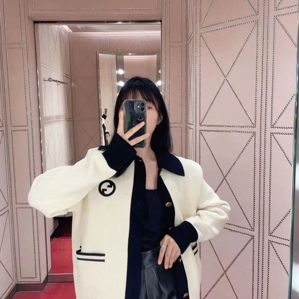 New Color Contrast Long Sleeve Casual Lar Knitted Cardigan Jacket 1024031512