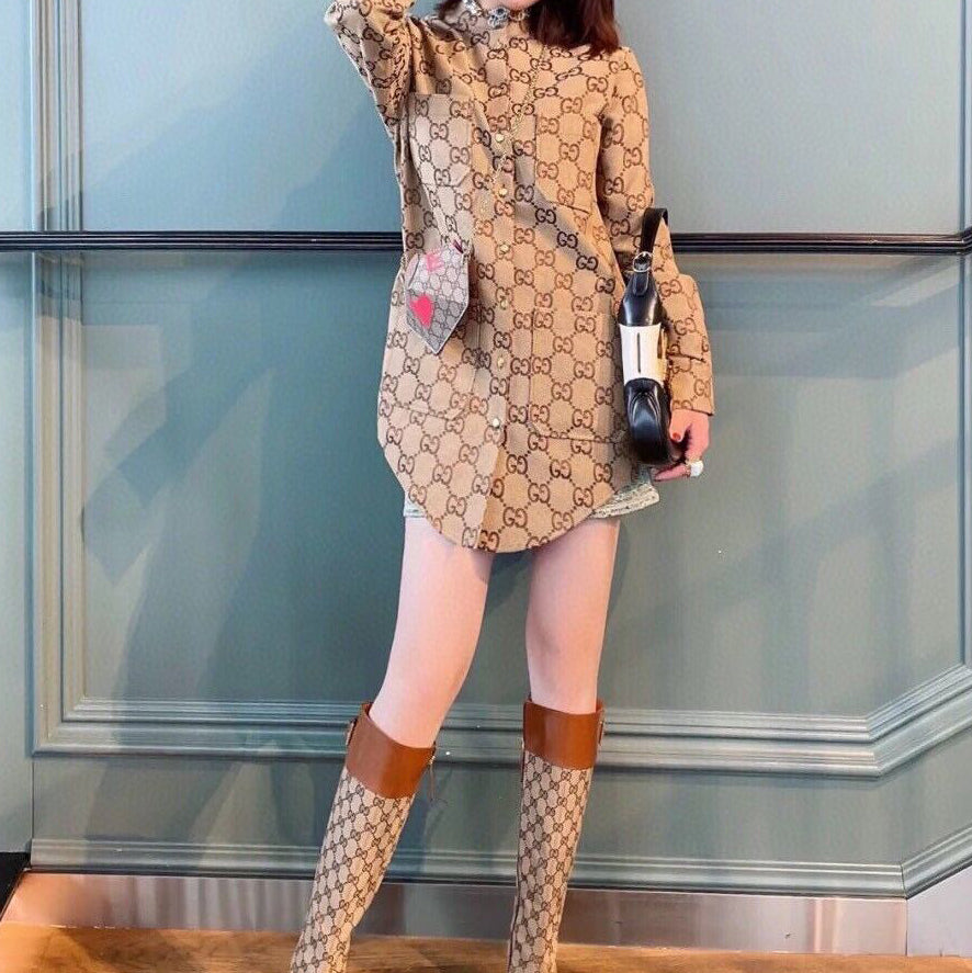 women's new jacquard denim shirt slit jacket