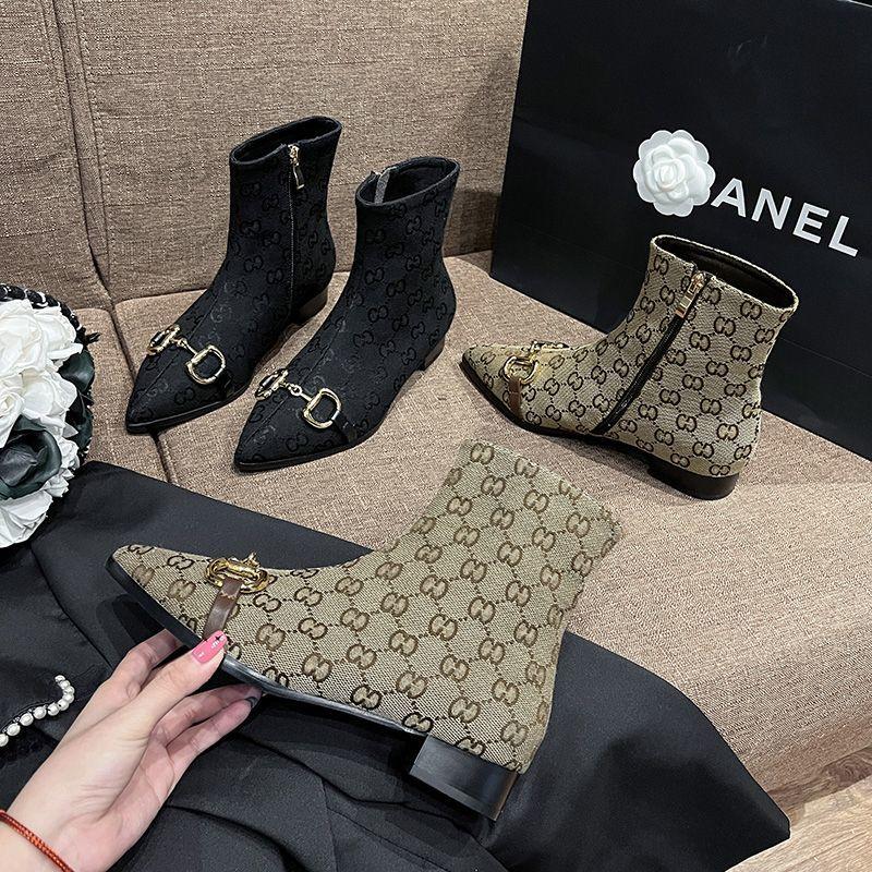 Letter Print Side Zip Canvas Short Block Heel Boots 0823112310