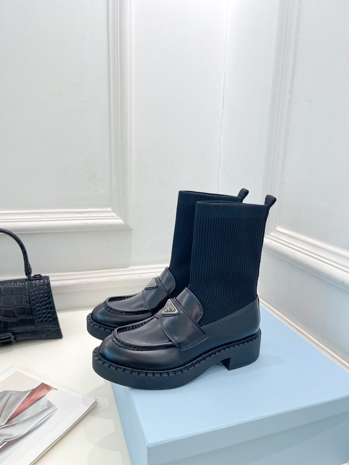 P thick-soled triangle logo socks ankle boots 0724112012