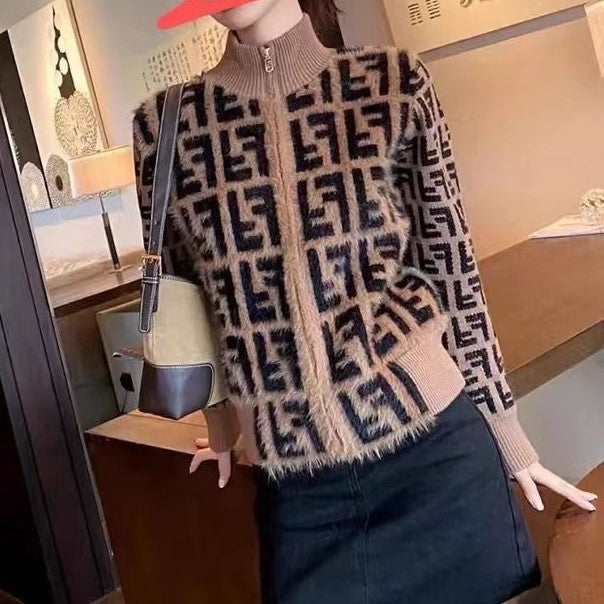 Lettering logo stand collar knitted cardigan slim fit sweater PD0823112108