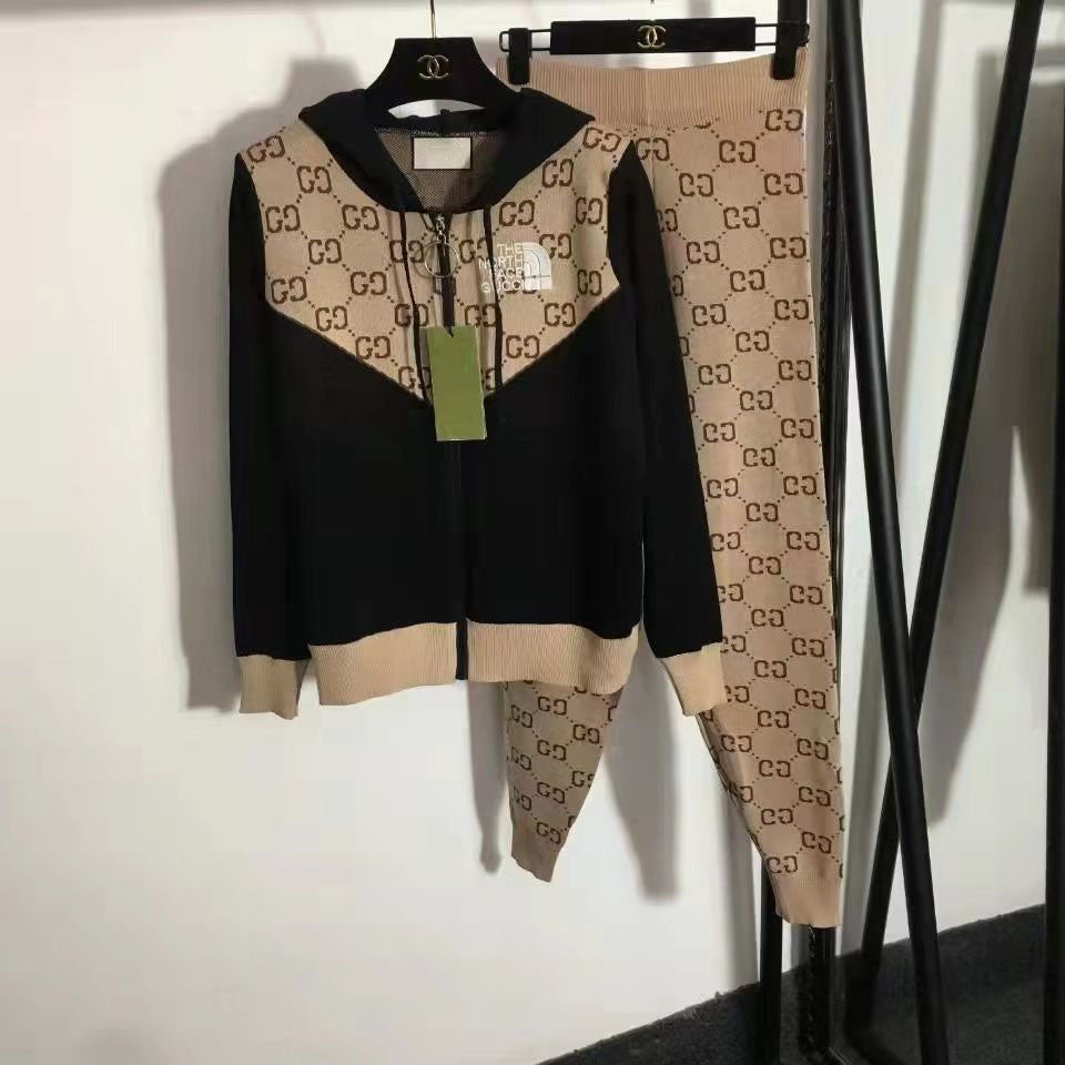 New fashion knitted casual cardigan hooded letter top + knitted pencil pants two-piece suit   S09