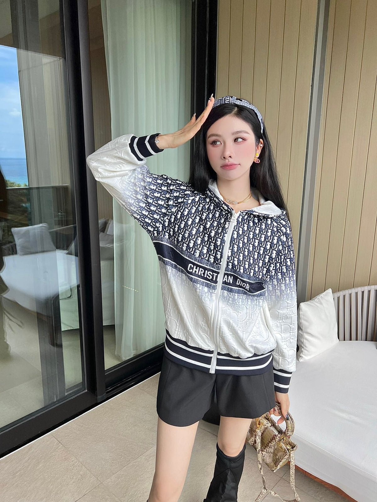 Jacquard letter smudged positioning print hooded jacket XC0823092718
