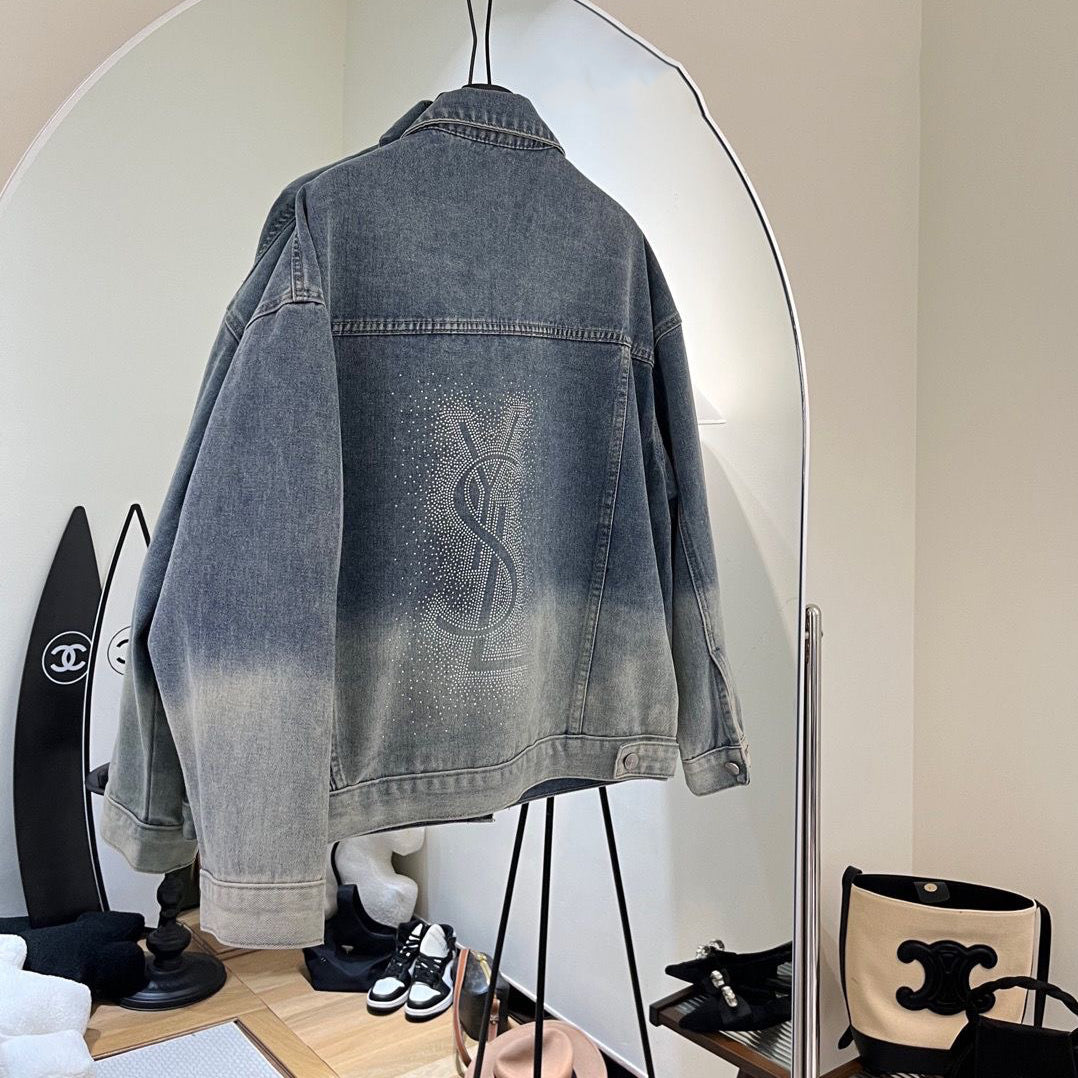 Y Metal Letter Color-changing Denim Jacket with Hot Diamond on the Back XC1823090804