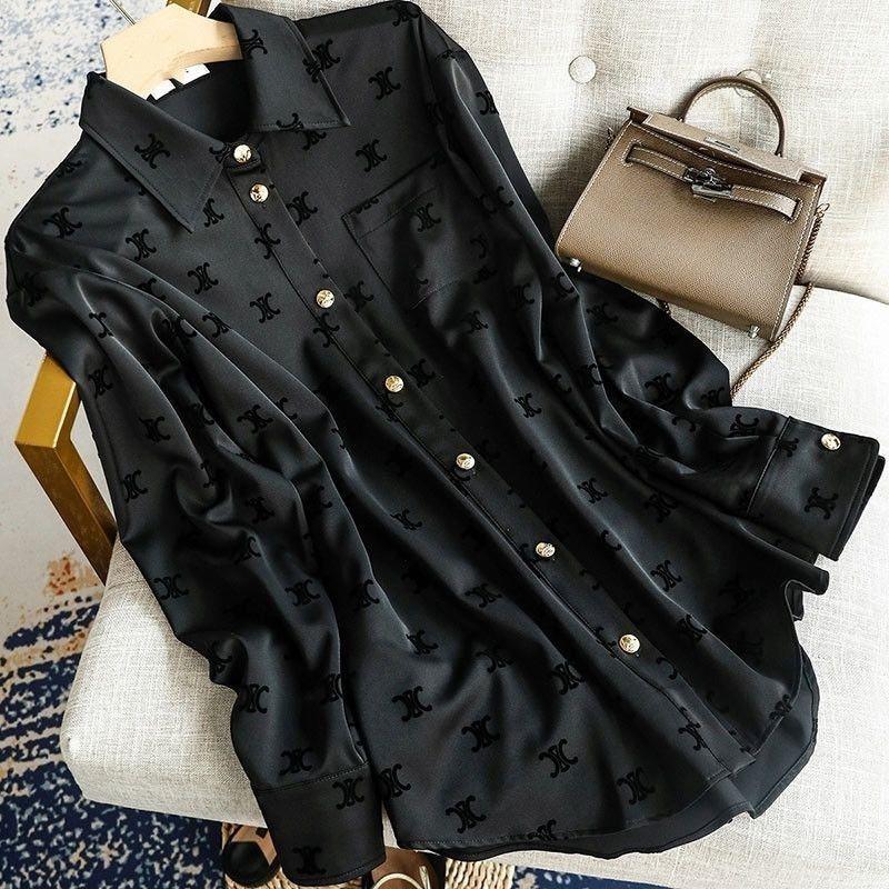 New Long Sleeve Flocking Satin Casual Print Shirt 1024042715