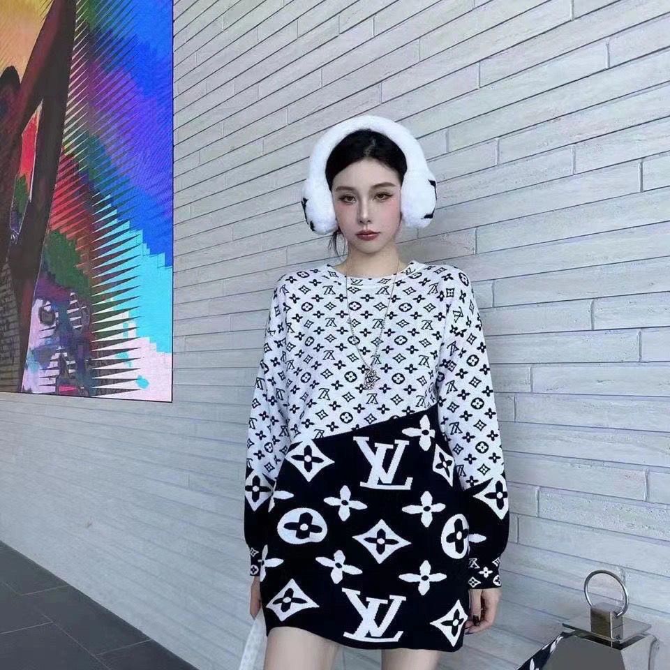 Black White Color Knitted patchwork Dress 900091419