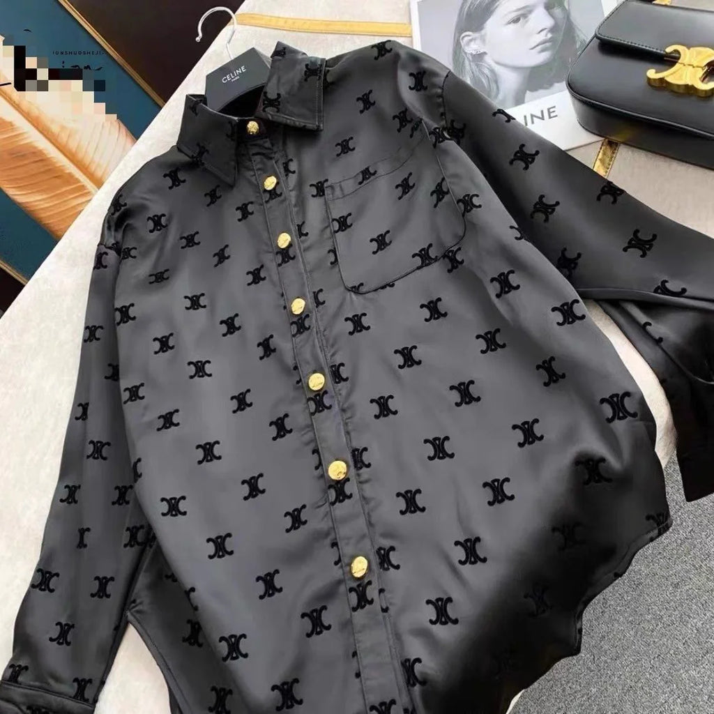 New Long Sleeve Flocking Satin Casual Print Shirt 1024042715