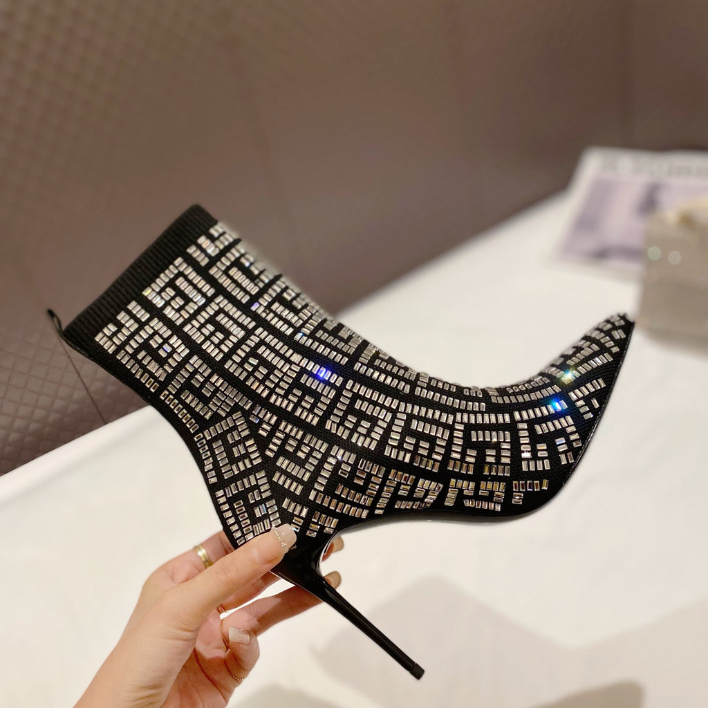 BRM Catwalk style pointed toe full diamond knitted ankle boots 0724090505