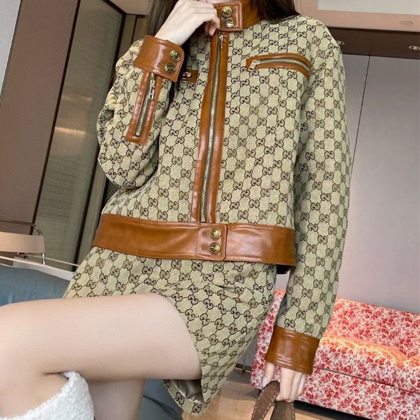 Full letter jacquard retro suit new stand collar jacket and leather jacket shorts two-piece set