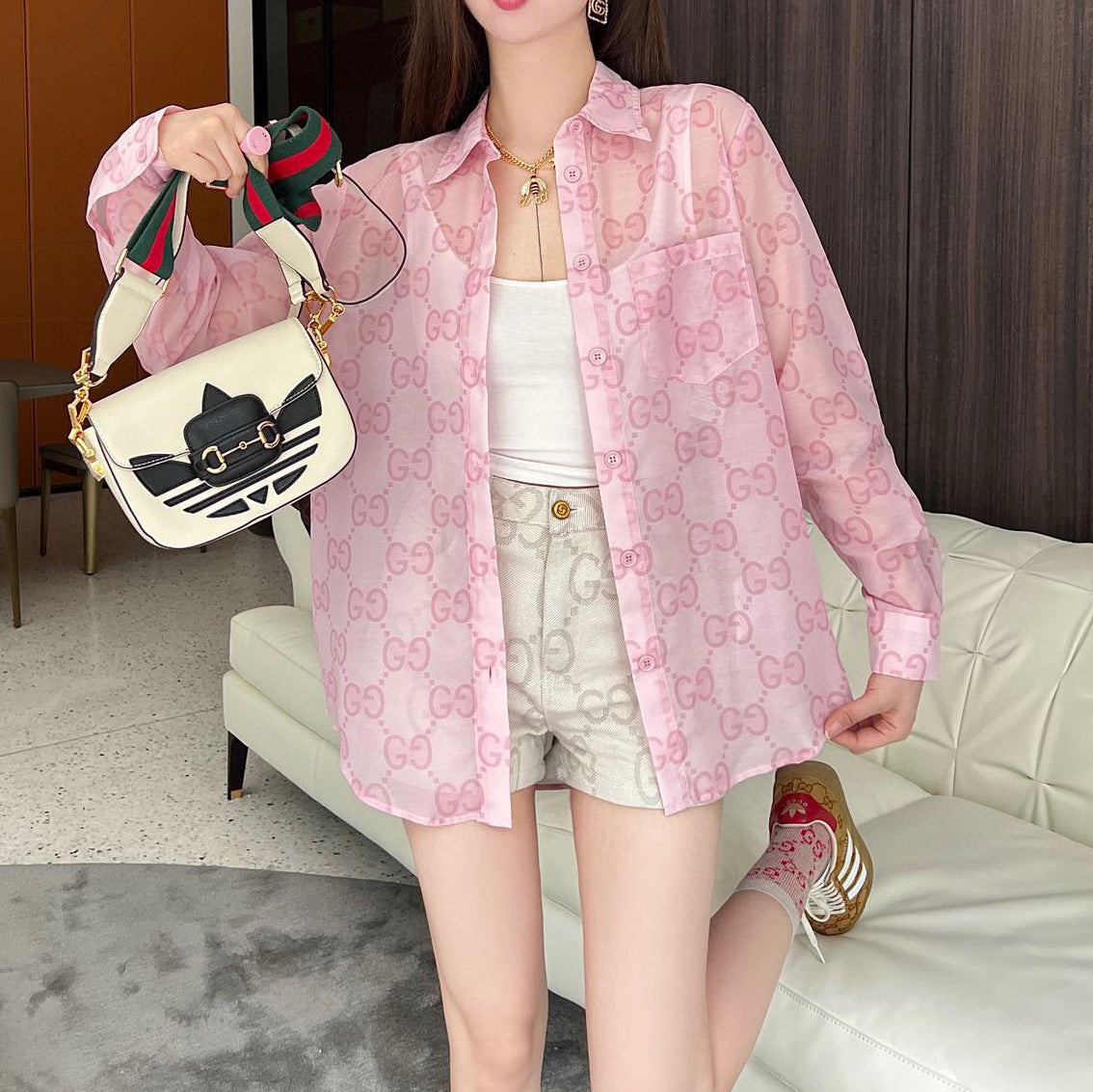 G Letter Print Lightweight Breathable Lapel Long Sleeve Shirt XC07061401